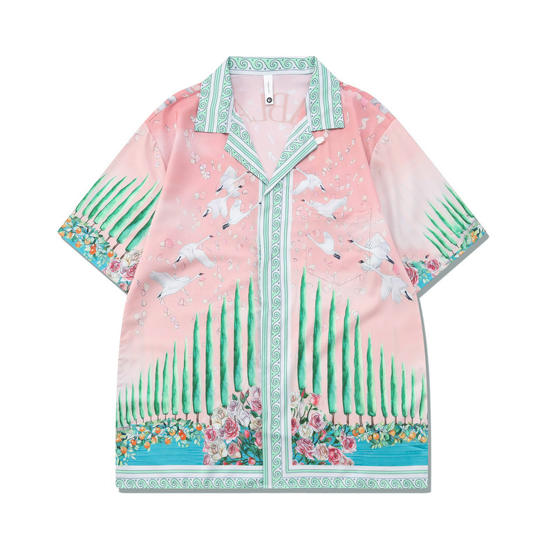 European And American High Street Printed Shirt Suit Light Luxury Cuban Collar Shirt Cross-border Short Sleeve Shorts Matching — изображение 3