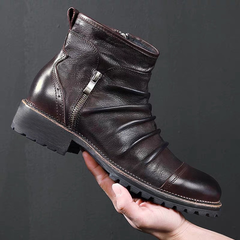 Retro Round Toe PU Leather Side Zipper Martin Chunky Heel Ankle Boots - Image 3