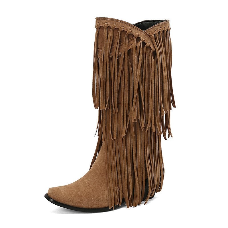 Women's High Boots Autumn And Winter Suede High Heel Tassel Boots Below The Knee - Image 7