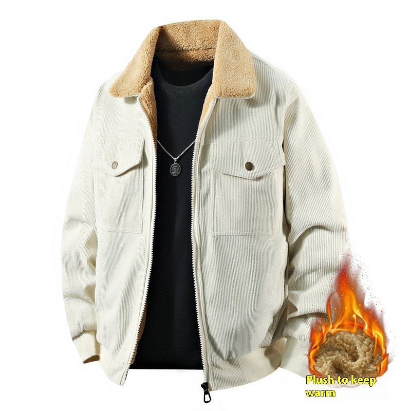 Fleece Corduroy Cotton Coat Jacket Men's Loose Casual Polo Collar Coat - Image 3