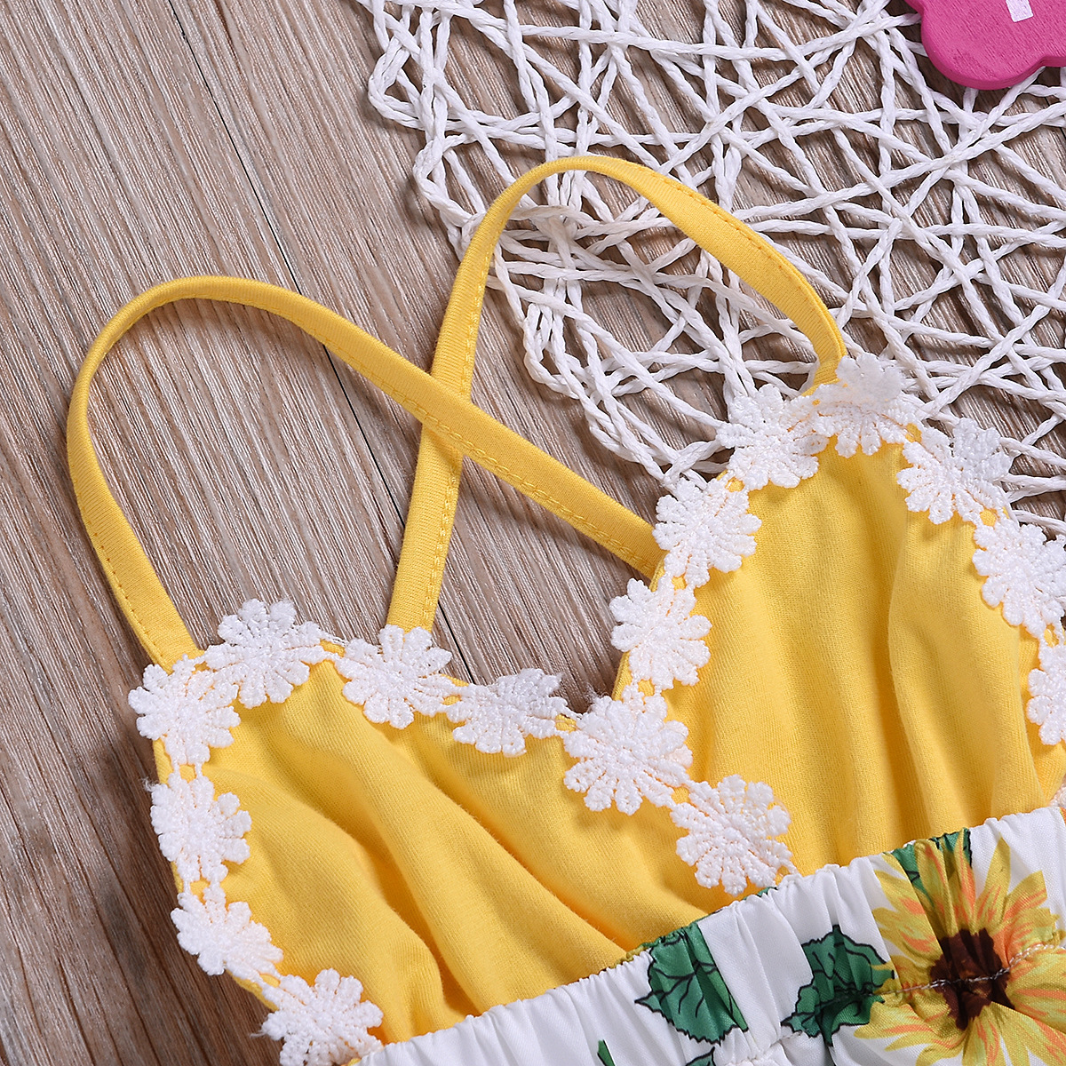 Children's Clothing Girls Baby Jumpsuits Children Sunflower Sling Lace Jumpsuit - Image 7