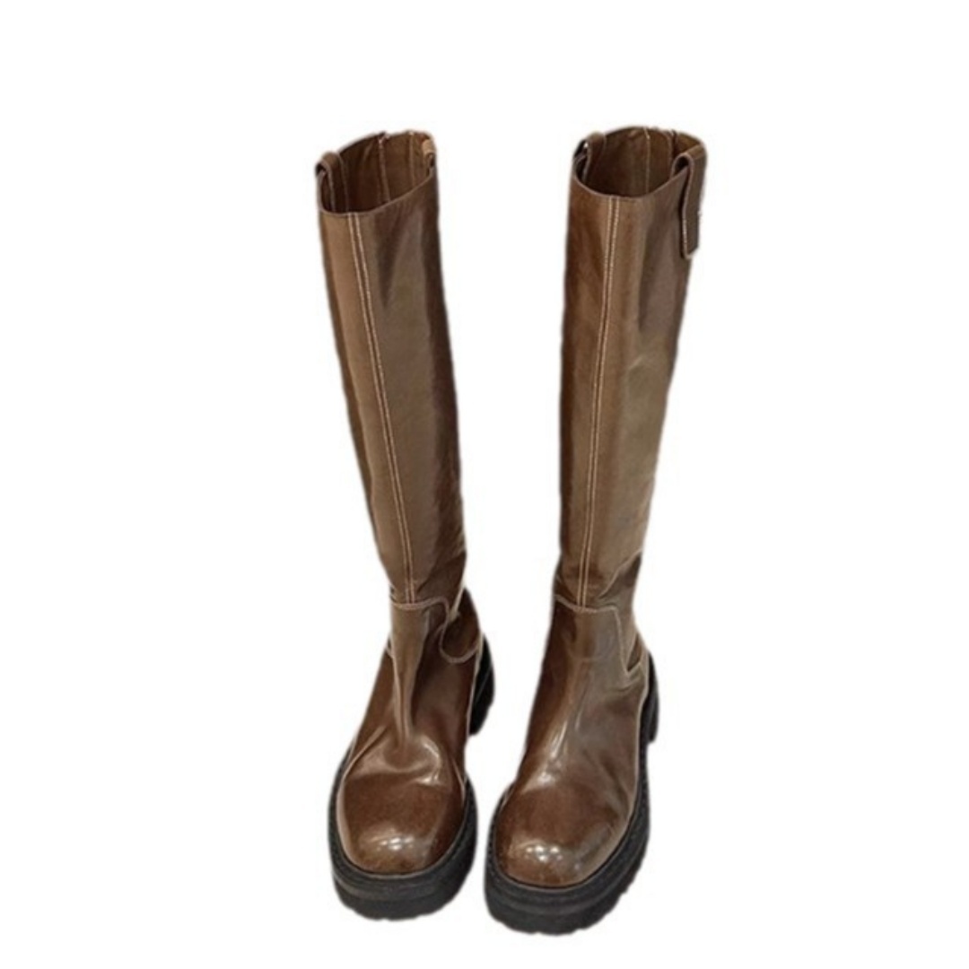 Round Head Thick Bottom Chunky Heel Long Tube Knight Boots - Image 2