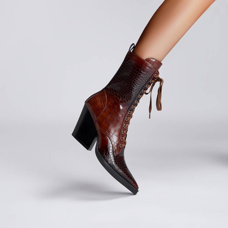 Retro Pointed Stone Pattern Chunky Heel Simple Lace High Heels Fashion Boots - Image 2