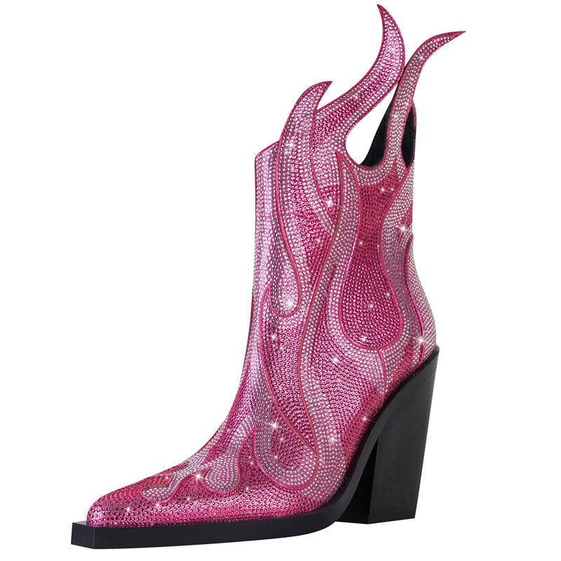 New Sexy Square Toe Chunky Heel Rhinestone Flame Martin Boots - Image 7