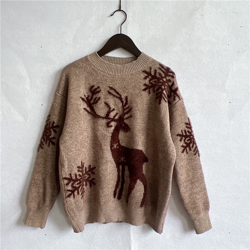 Round Neck Long Sleeve Christmas Sweater Snowflake Deer Jacquard Sweater – Bild 4