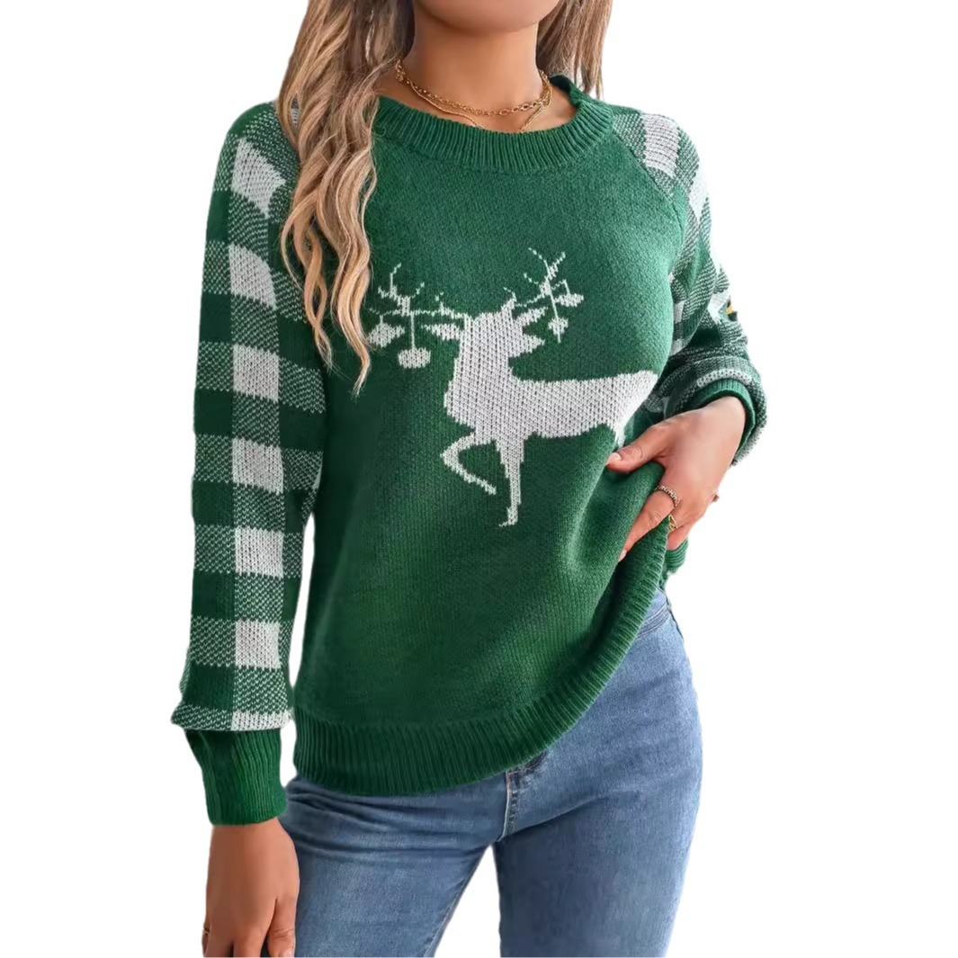 Christmas Women's Casual Plaid Deer Long Sleeve Pullover Sweater - Image 5