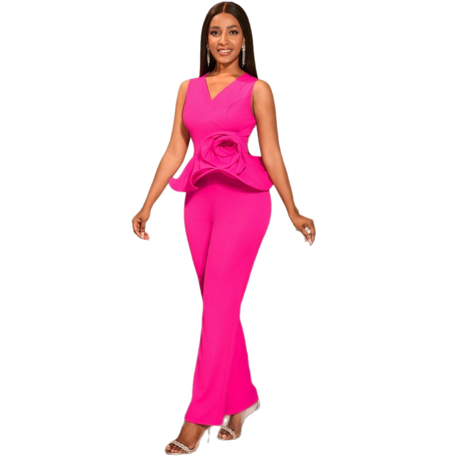 Three-dimensional Flower V-neck Sleeveless Top High Waist Fashion Straight-leg Pants - Image 5