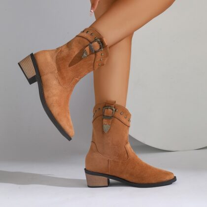 New Pointed Stitching Rivet Sleeve Women's Mid Boots