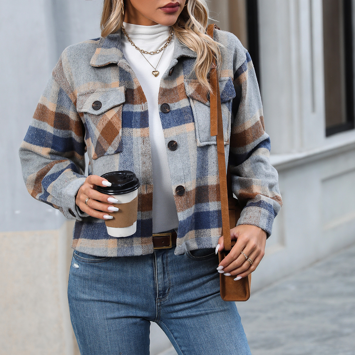 Autumn And Winter New Fashion Casual Pocket Plaid Women's Woolen Short Coat - Image 8