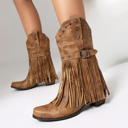 Autumn And Winter Tassel Women's Western Rivet Belt Buckle Tassel Middle Boots