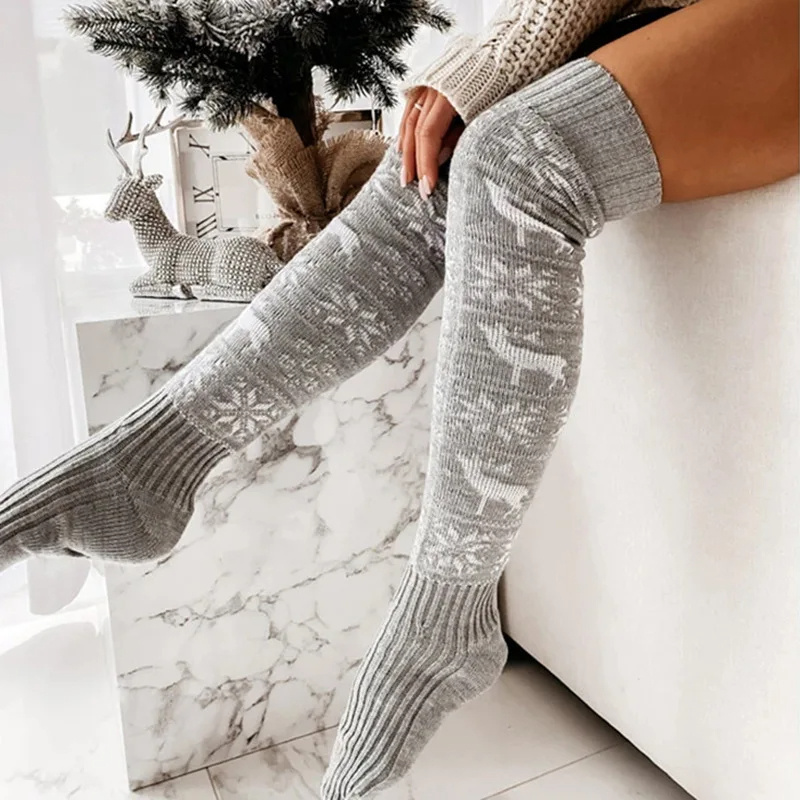 Winter Christmas Warm Knitted Women Stocking Beautiful Elk Snowflake Jacquard Over-the-knee Casual Long Socks For Ladies Gifts Free Size - Image 7
