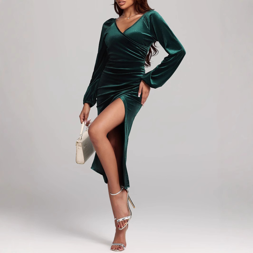 V-neck Velvet Dress Pleated Split Dress - Image 4