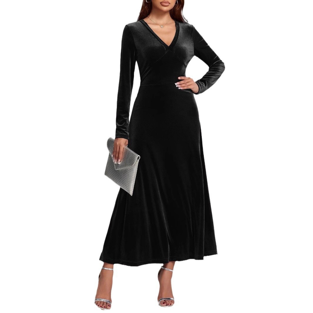 V-neck Long Sleeve Evening Dress Pleuche Dress - Image 5
