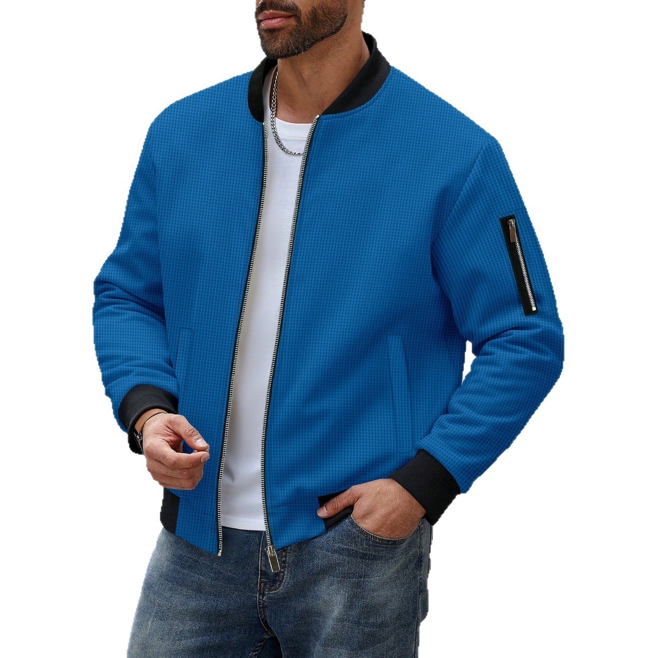 Men's Waffle Solid Color Cardigan Pocket Zipper Thickening Stand Collar Coat - Image 5
