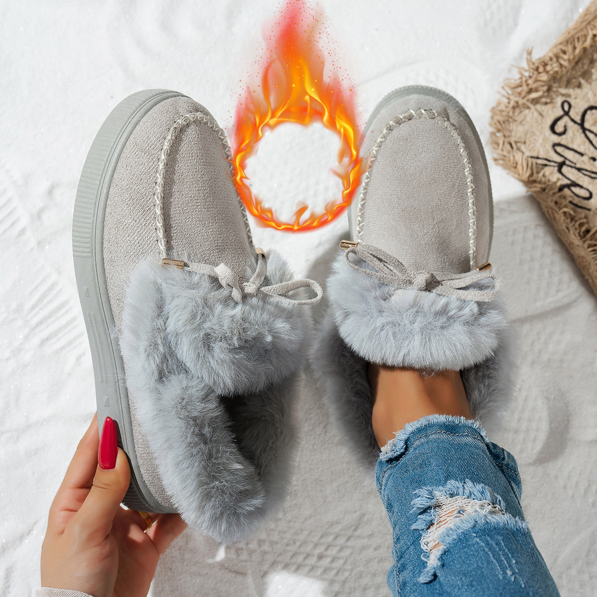 Round Head Thick Bottom Velvet Padded Plus Size Women's Snow Boots - Image 8