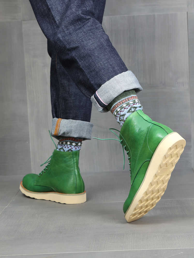 Retro Distressed Color Men Green Worker Boot - Image 4