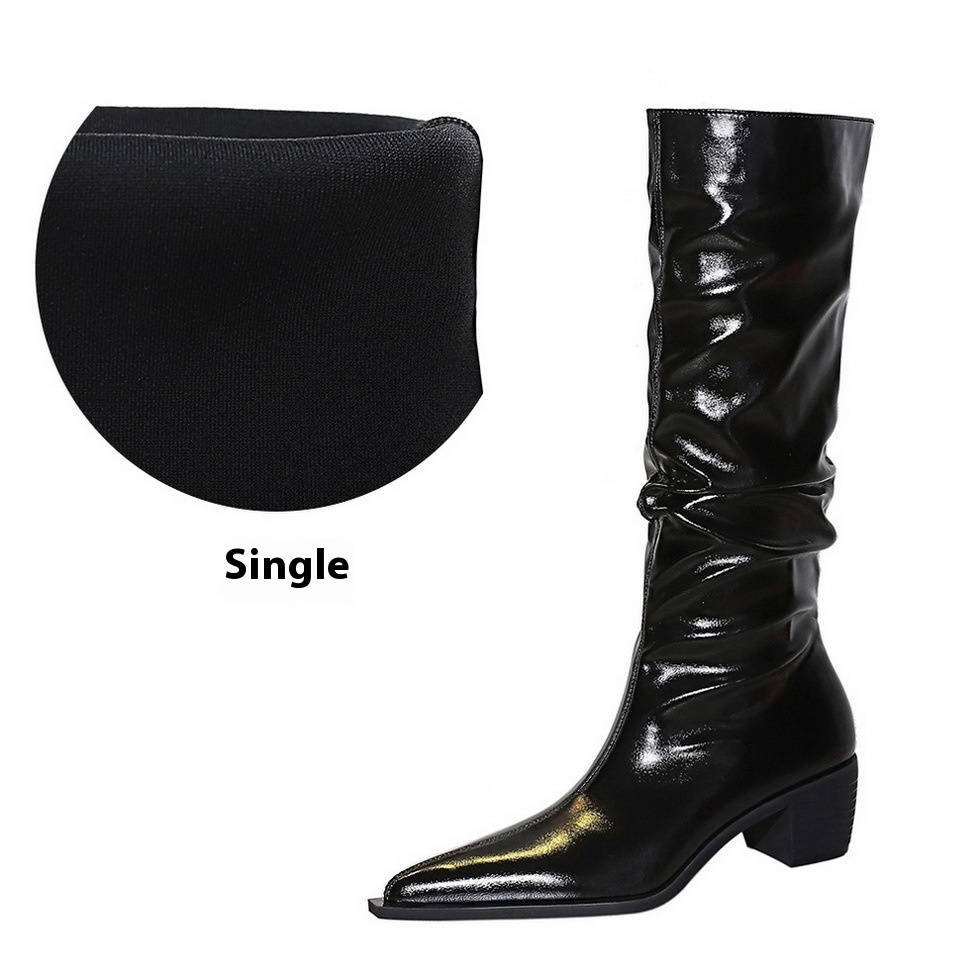 Women's Over-the-knee Boots Chunky Heel Mid Heel Pointed Wrinkled Surface - Image 6