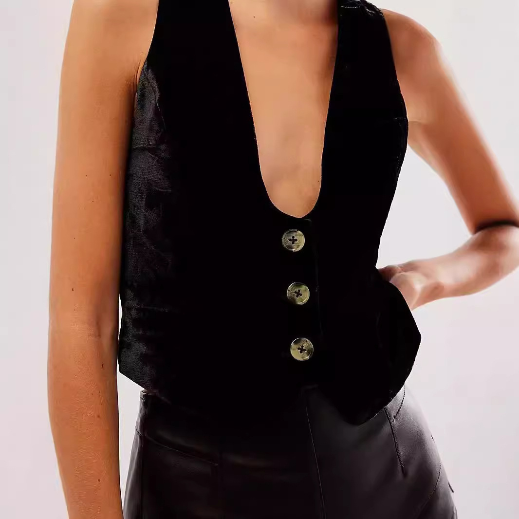 Spring New Retro Black V-neck Sleeveless Top For Women - Image 2