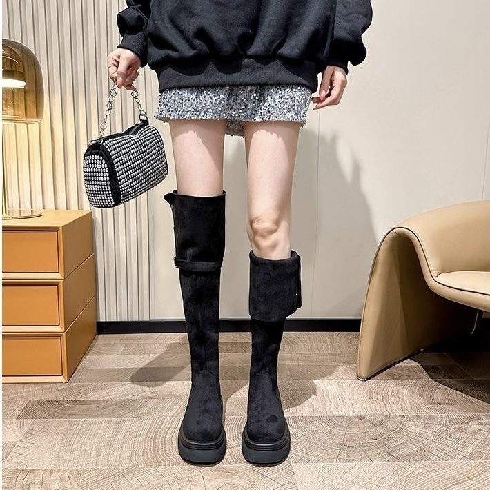 Over-the-knee Folding Long Tube Two-way Wear Boots With Chunky Heels Women's Thick Bottom - Image 2