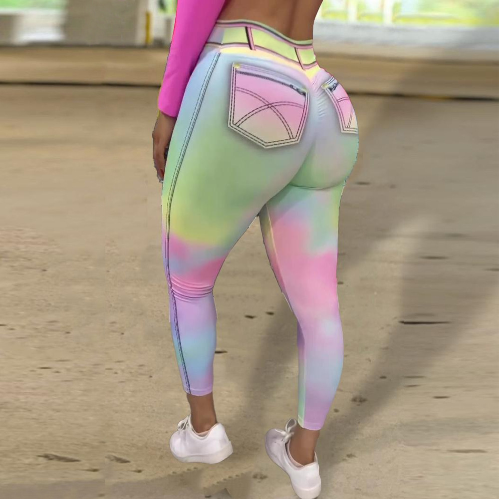 Tie-dyed Colorful Women's Imitation Denim Plus Size Sexy Sports Yoga Pants - Image 8