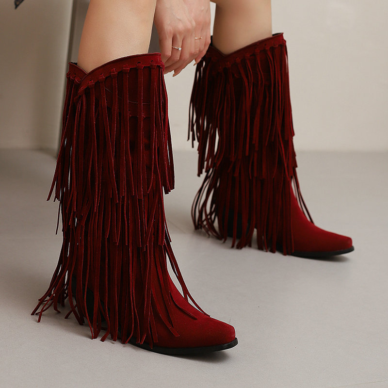 Women's High Boots Autumn And Winter Suede High Heel Tassel Boots Below The Knee - Image 3