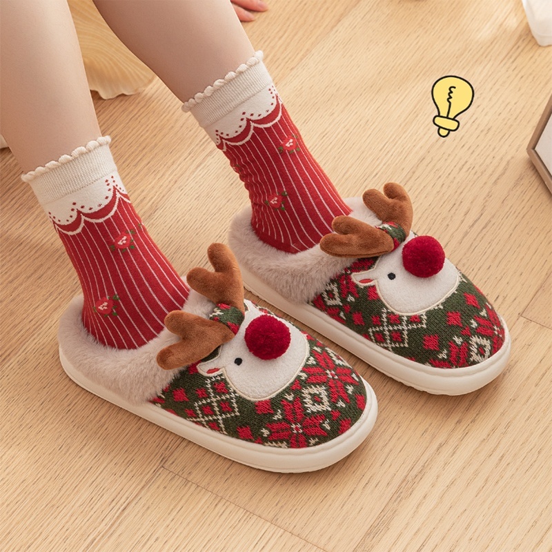 Cute Christmas Elk Plush Slippers Winter Ins Fashion Non-slip Floor Bedroom Home Slippers For Women Fuzzy House Shoes — изображение 3