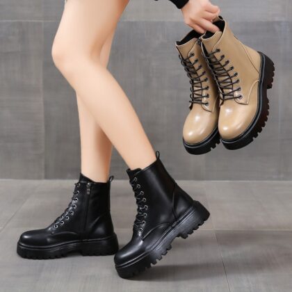 British Style Boots With Chunky Heels Women's Platform Lace-up