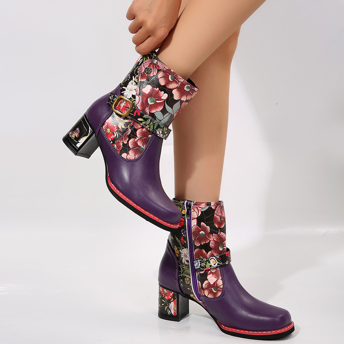 Women's Printed Stitching Round Head Thick Bottom Bootie - Image 2