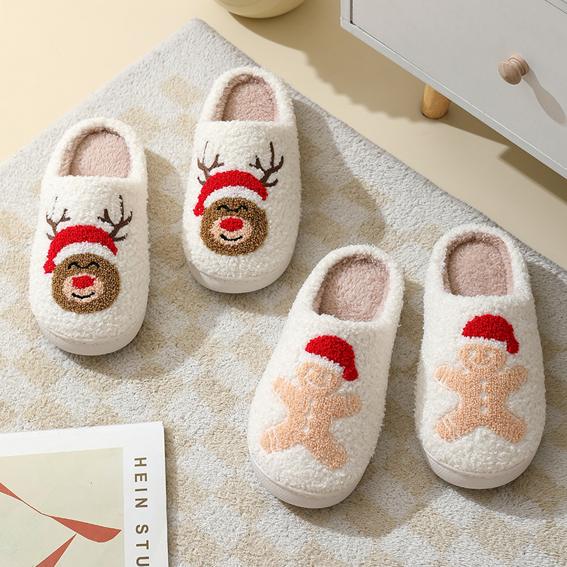 Christmas Home Slippers Cute Cartoon Santa Claus Cotton Slippers For Women And Men Couples Winter Warm Furry Shoes — изображение 4