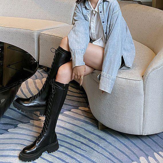 Women's Black Below The Knee Thickened Martin Boots - Image 3