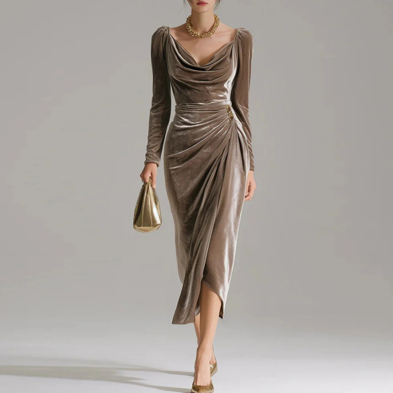 Long Sleeve Pleated Long Slit Velvet Sheath Dress - Image 3
