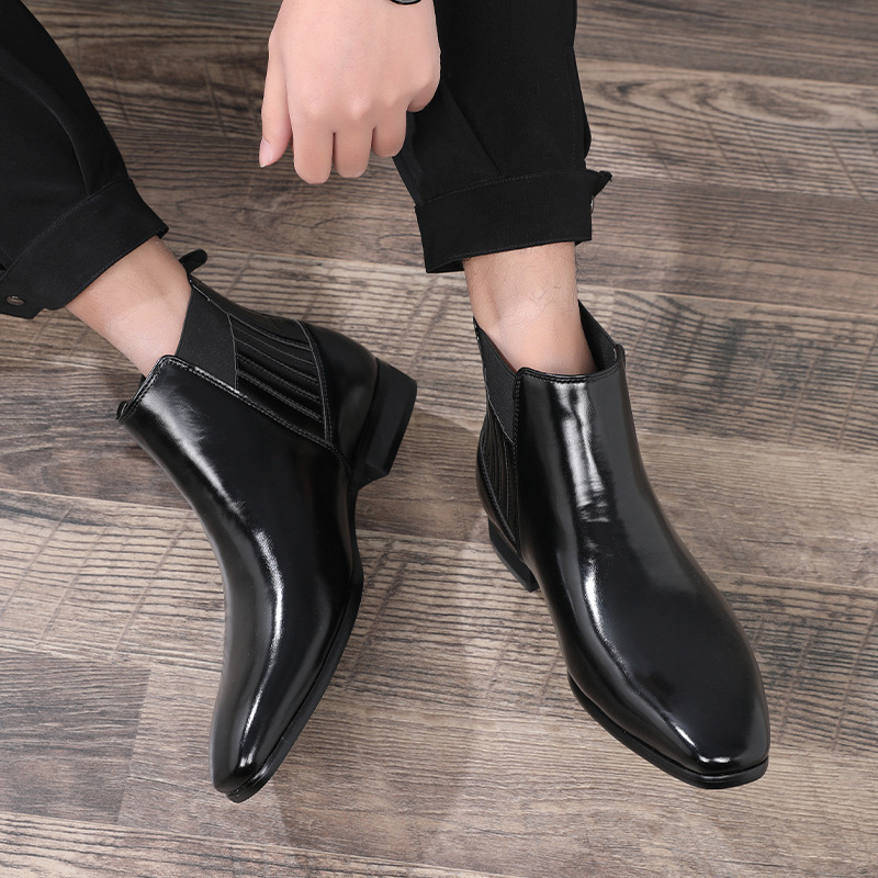 Pointed Toe Chelsea-style Boots For Men Fashion British Style Square Heel Business Formal Leather Shoes - Image 4