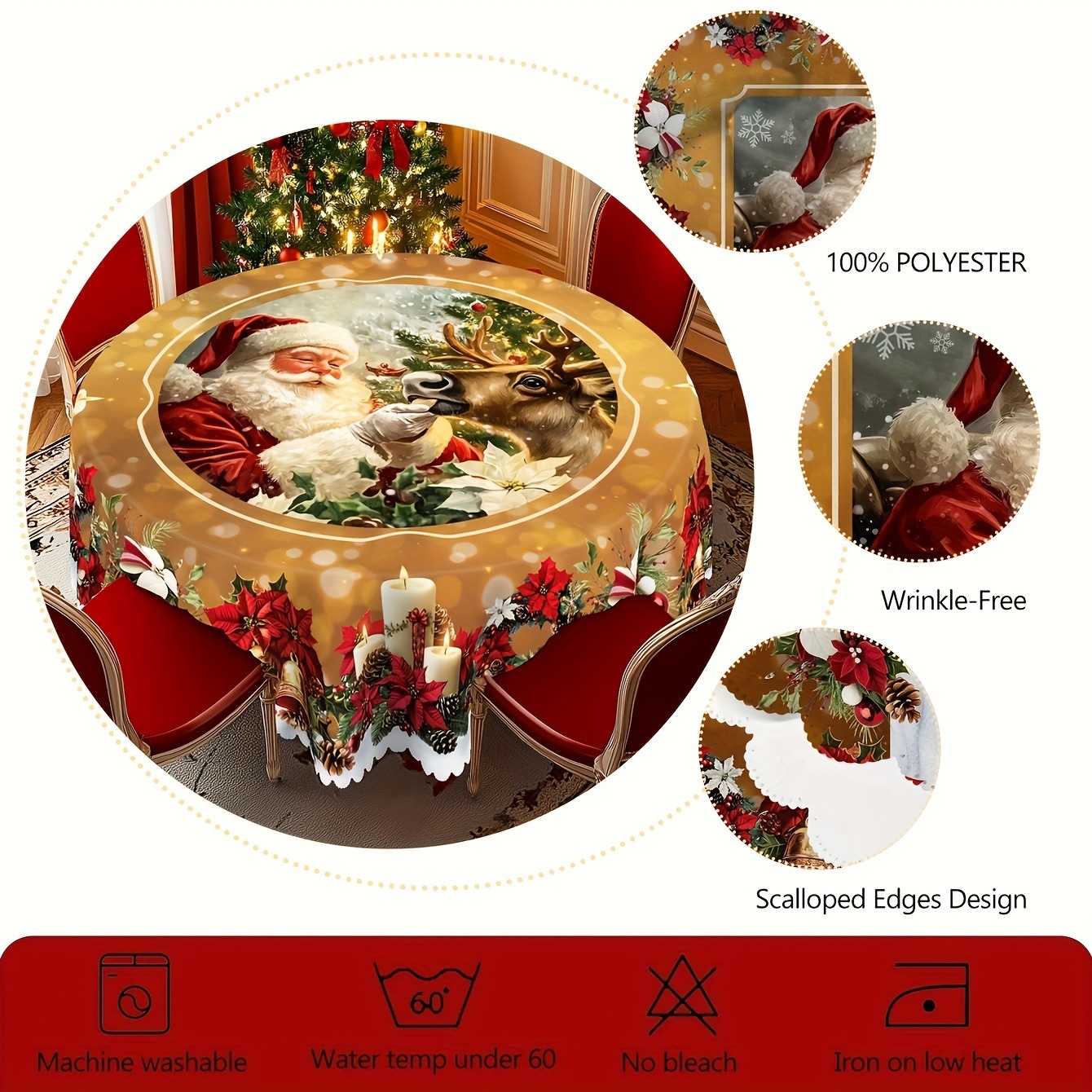 Christmas Round Tablecloth Christmas Theme With Santa Claus Table Flag - Image 3