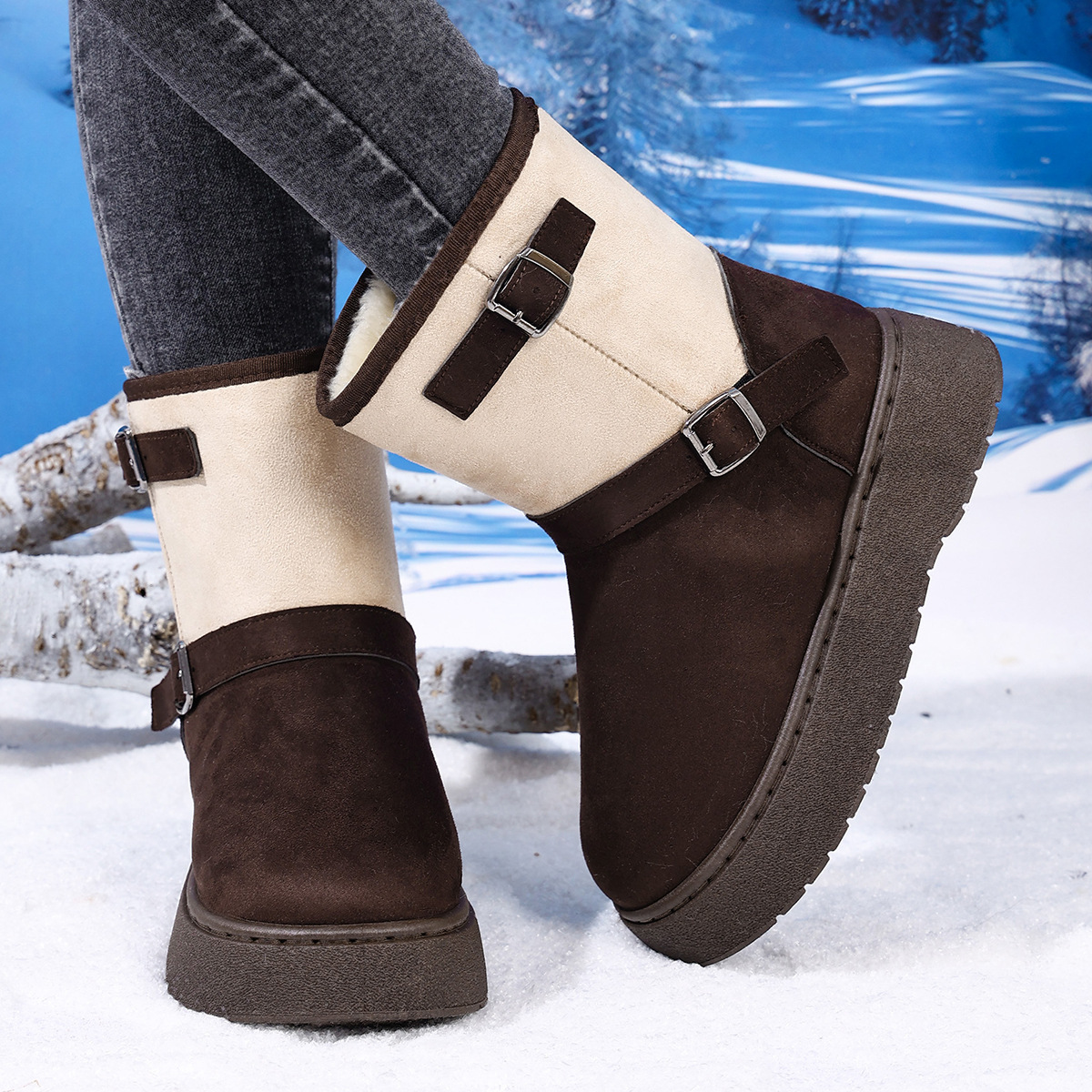 Round Toe Fashionable And Comfortable Furry Slip-on Snow Boots For Women - Image 6