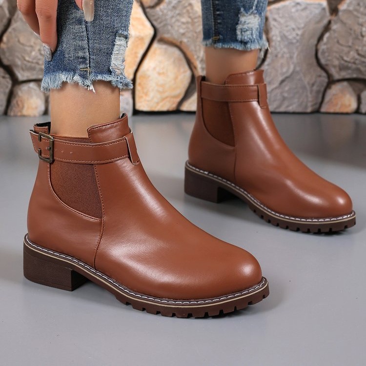 Belt Buckle Decoration Round Head Ankle Boots