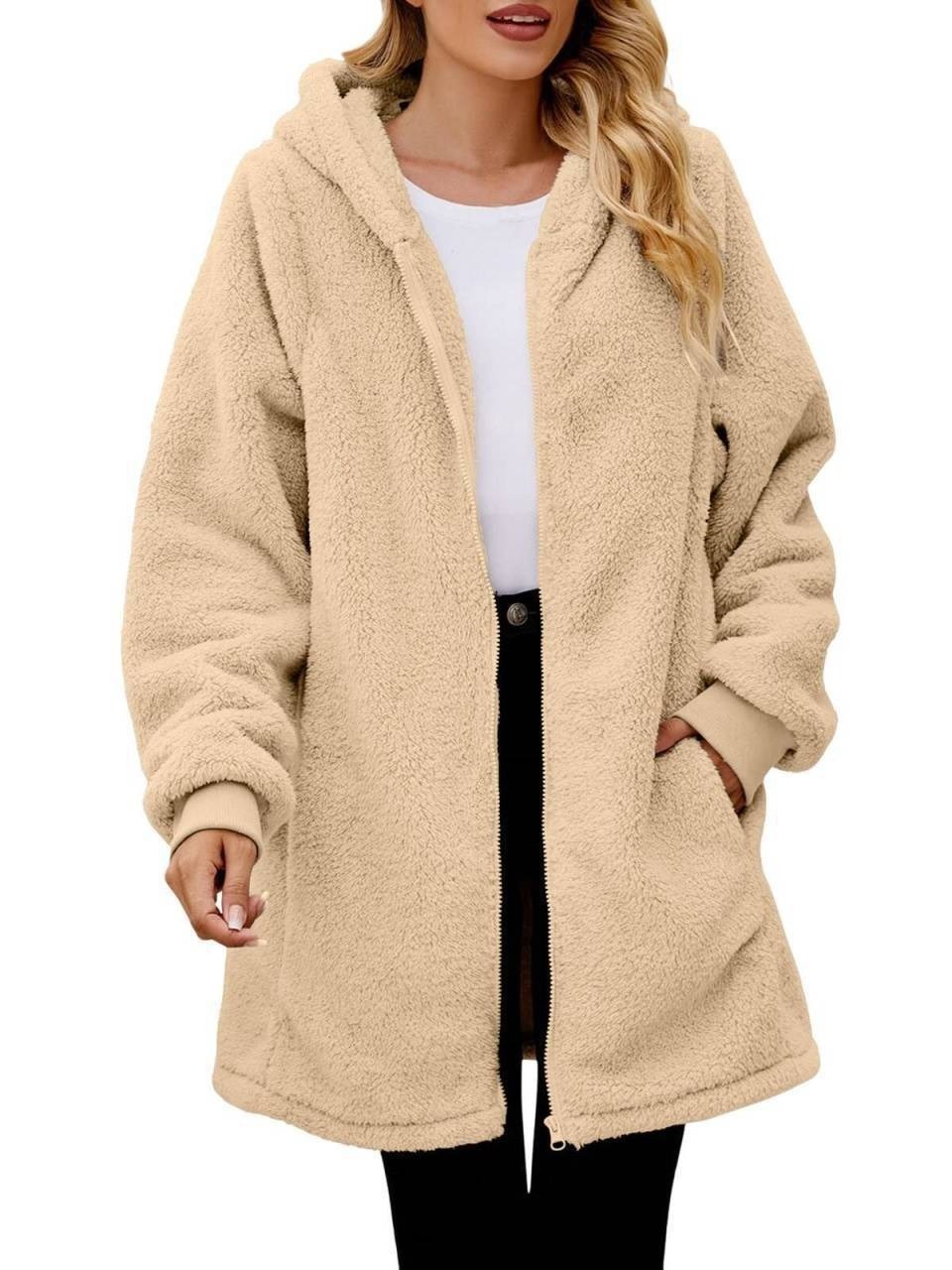 Loose Plush Women's Long Sleeve Hooded Zip Cardigan Coat - Image 8