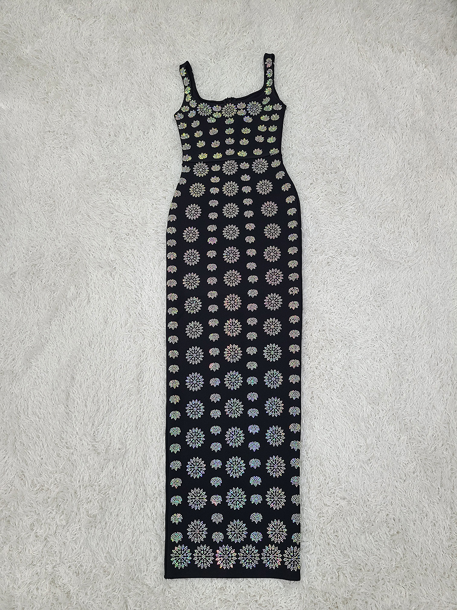 Black Sleeveless U-neck Rhinestone Elegant Slim Bandage DressEvening Dress - Image 6