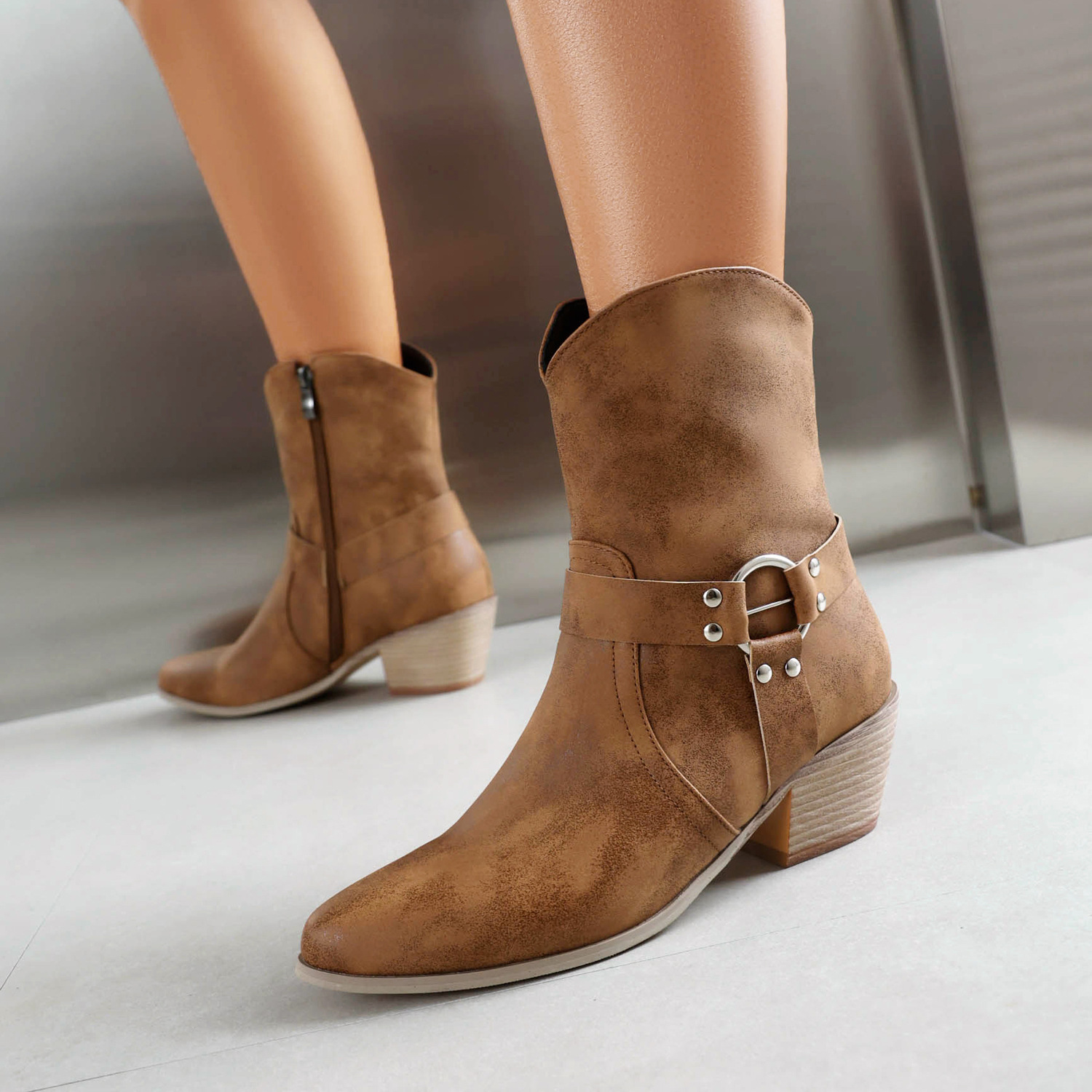 Belt Buckle Chunky Heel Martin Booties - Image 2