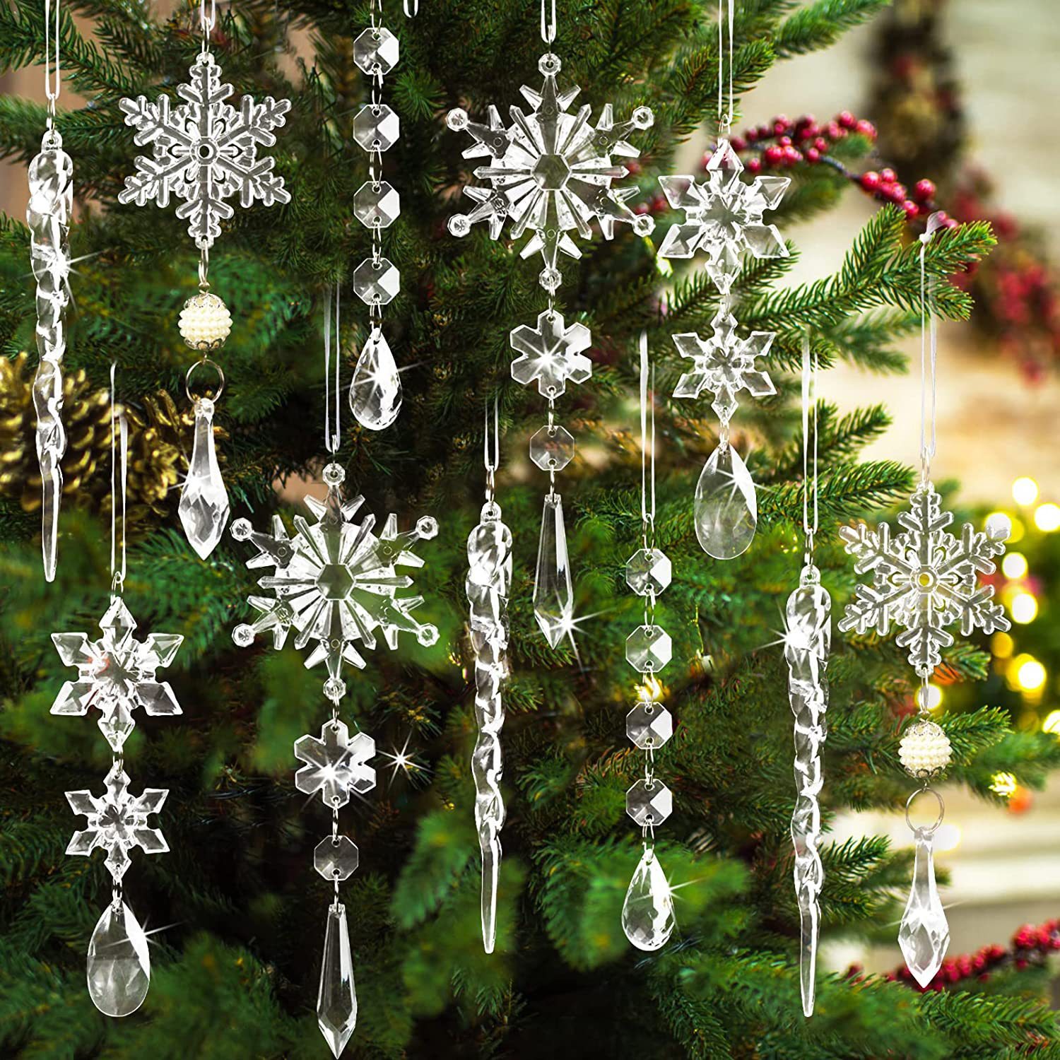 10pcs Christmas Tree Hanging Pendants Acrylic Ice Strip Snow Ceiling Xmas Ornaments New Year Christmas Decoration Home Decor - Image 2