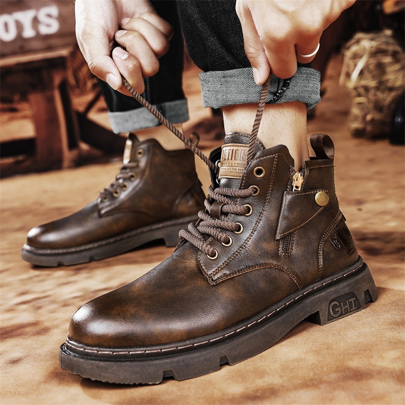 Men's High-top Retro Side Zipper Motorcycle Leather Boots - Image 5