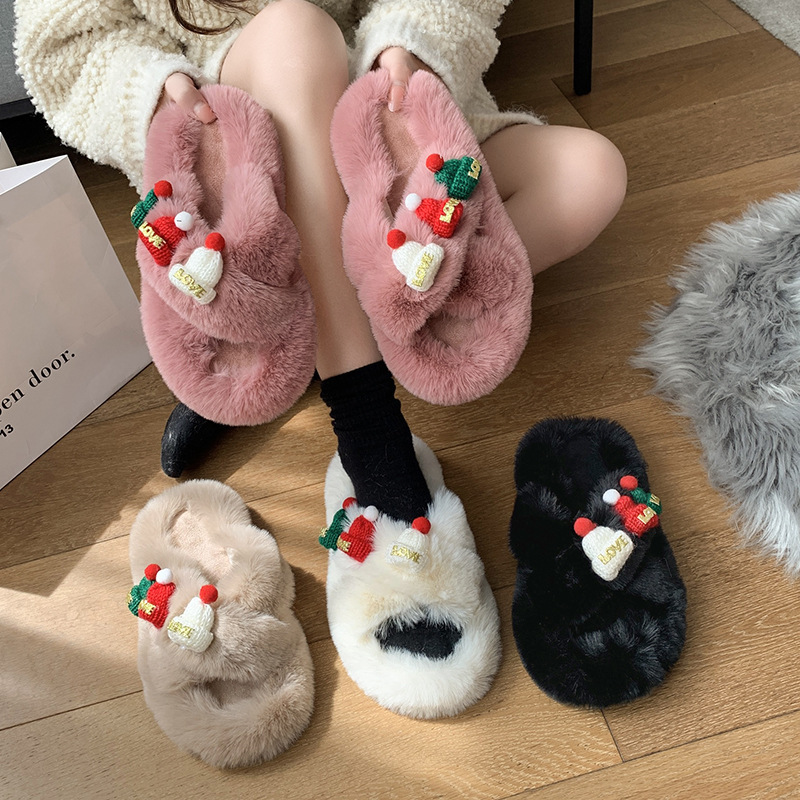 Christmas Hat Fluffy Slippers Women's Warm Toe Covering Cotton Slippers — изображение 4