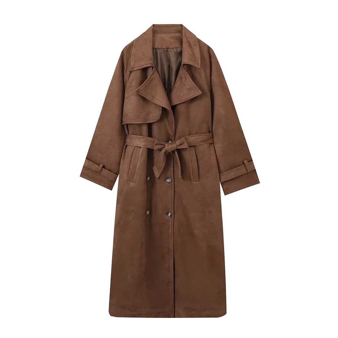 Double Breasted Lapel Shift Coat With Belt Fashion Vintage Suede Long Coat Winter Outwear Women's Clothing - Image 9