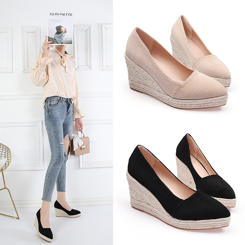 Pointed Toe Platform High Heel Work Shoes Thick Heel Straw Woven - Image 4