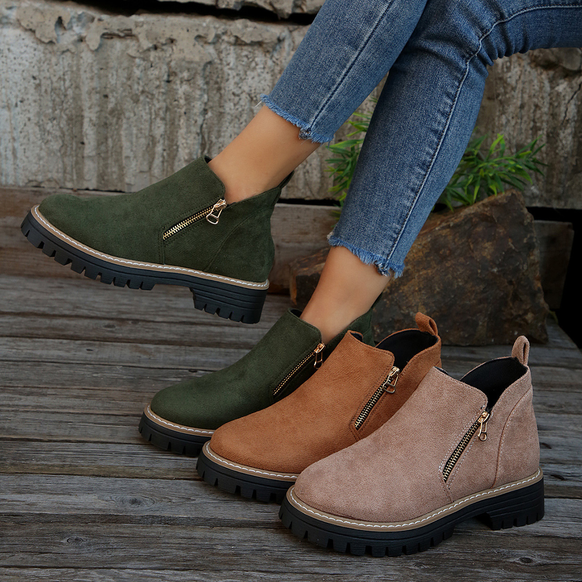 Fashion Ankle Boots With Side Zipper Ins Chunky Boots Autumn Winter Suede Shoes Women - Image 2