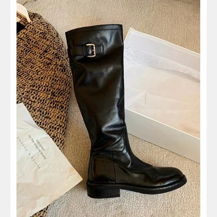 Washed Horse Leather Belt Buckle Thick Bottom Thigh High Boots Women - Image 2