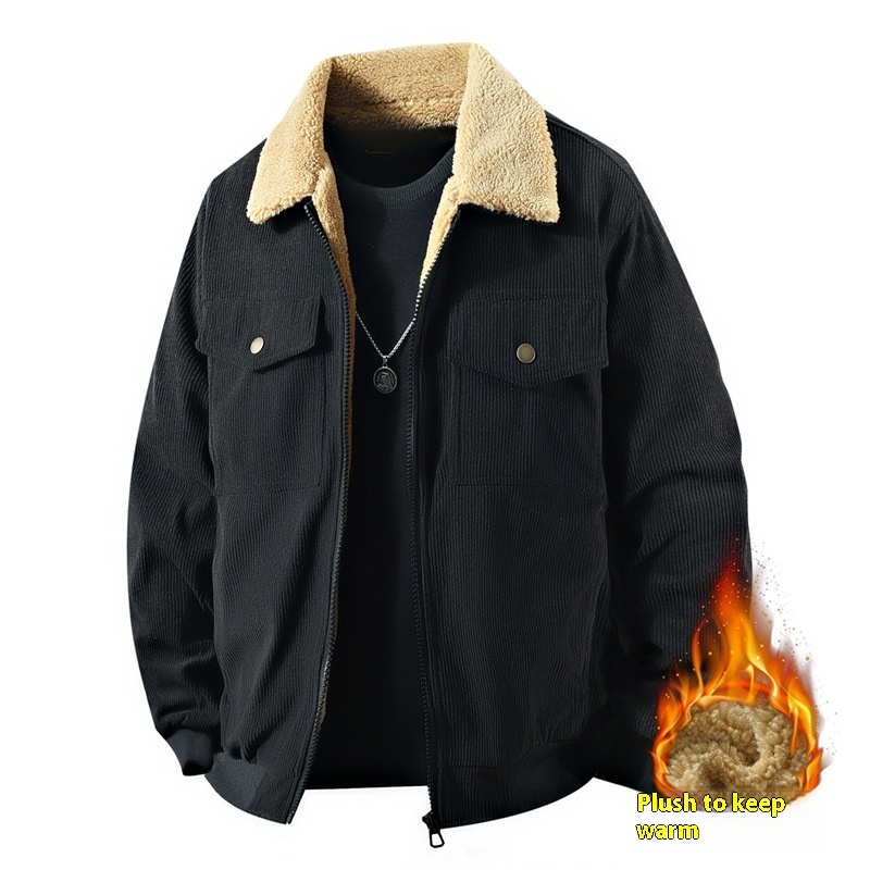 Fleece Corduroy Cotton Coat Jacket Men's Loose Casual Polo Collar Coat - Image 6