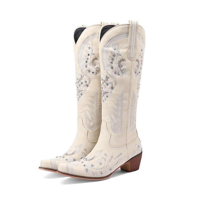 Embroidered Rhinestone Thick High Heel Side Zipper High-top Boots - Image 2