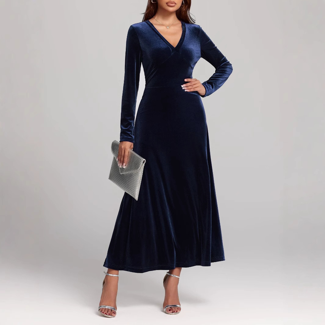 V-neck Long Sleeve Evening Dress Pleuche Dress - Image 4