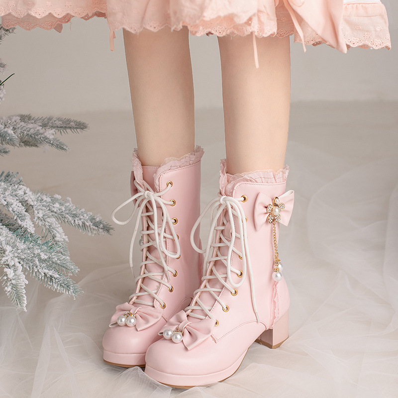 Female Bow Thick Heeled Short Boots Lolita Shoes - Image 2