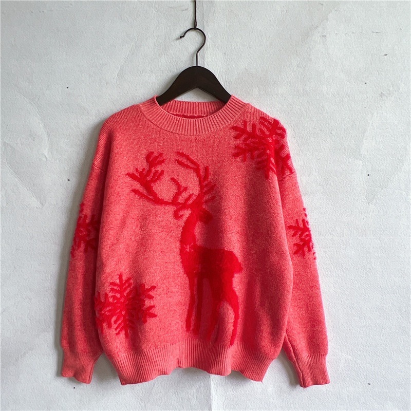 Round Neck Long Sleeve Christmas Sweater Snowflake Deer Jacquard Sweater – Bild 6